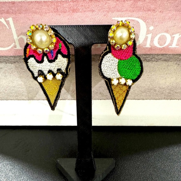 Handmade Ice Cream Cone Earrings Embroidered Beaded Statement Dangle Studs - Picture 1 of 4